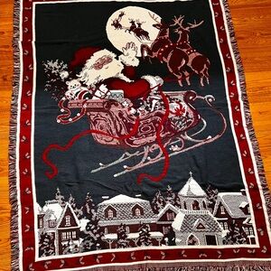 Vintage Made In The USA 52x65 Tapestry Throw Santa and Reindeer Christmas Decor